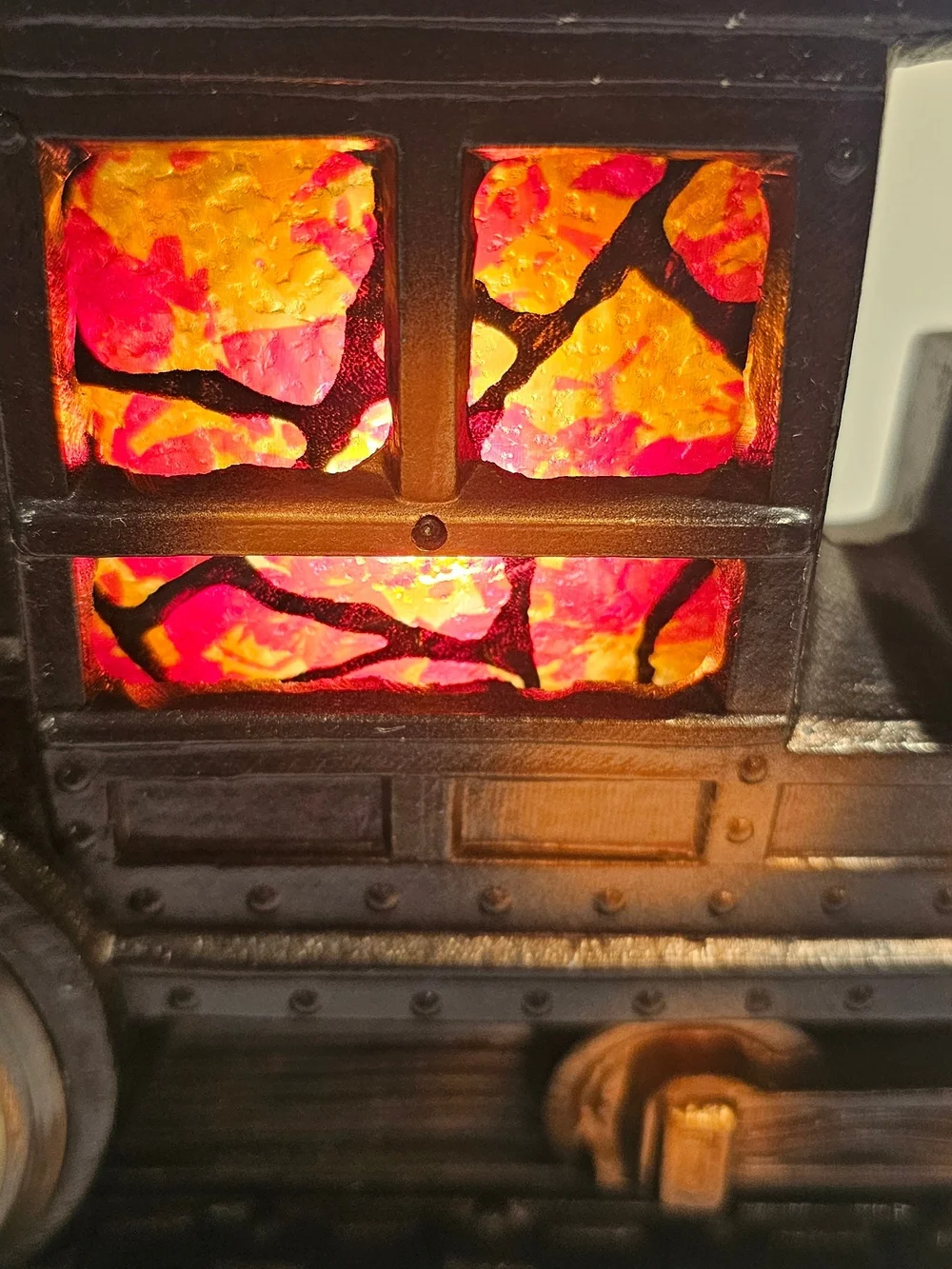 United Metal Train Clock Black and Cooper with Stained-Glass Window